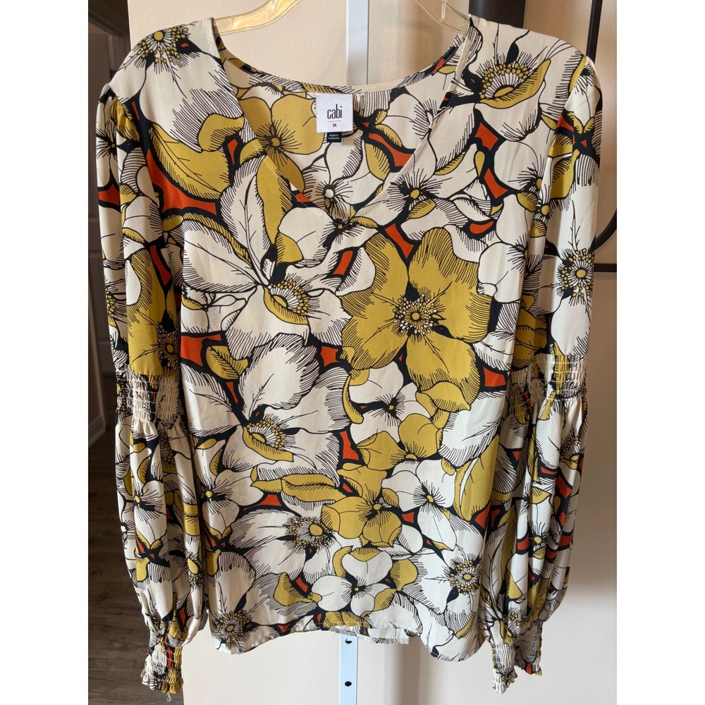 Cabi Women Mustard Floral Smocked Bishop Sleeve V-Neck Blouse Top Size M